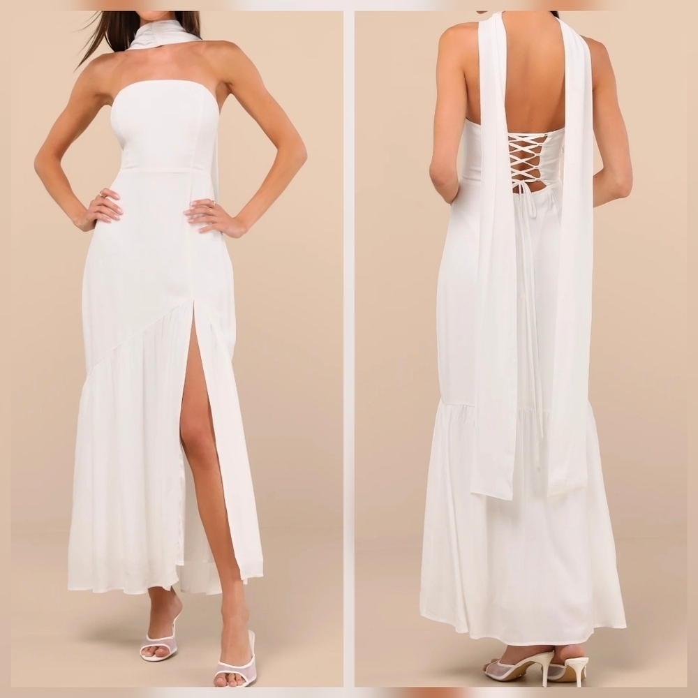 Lulus Captivating Spirit White Strapless Midi Dress and Scarf Set, Size Medium